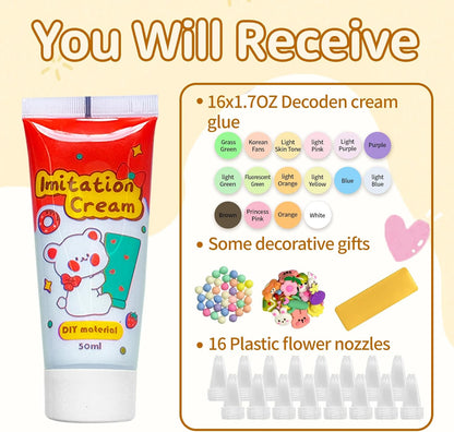TBTFW 16 Colors Decoden Cream Kit, Fake Whipped Cream Glue Clay