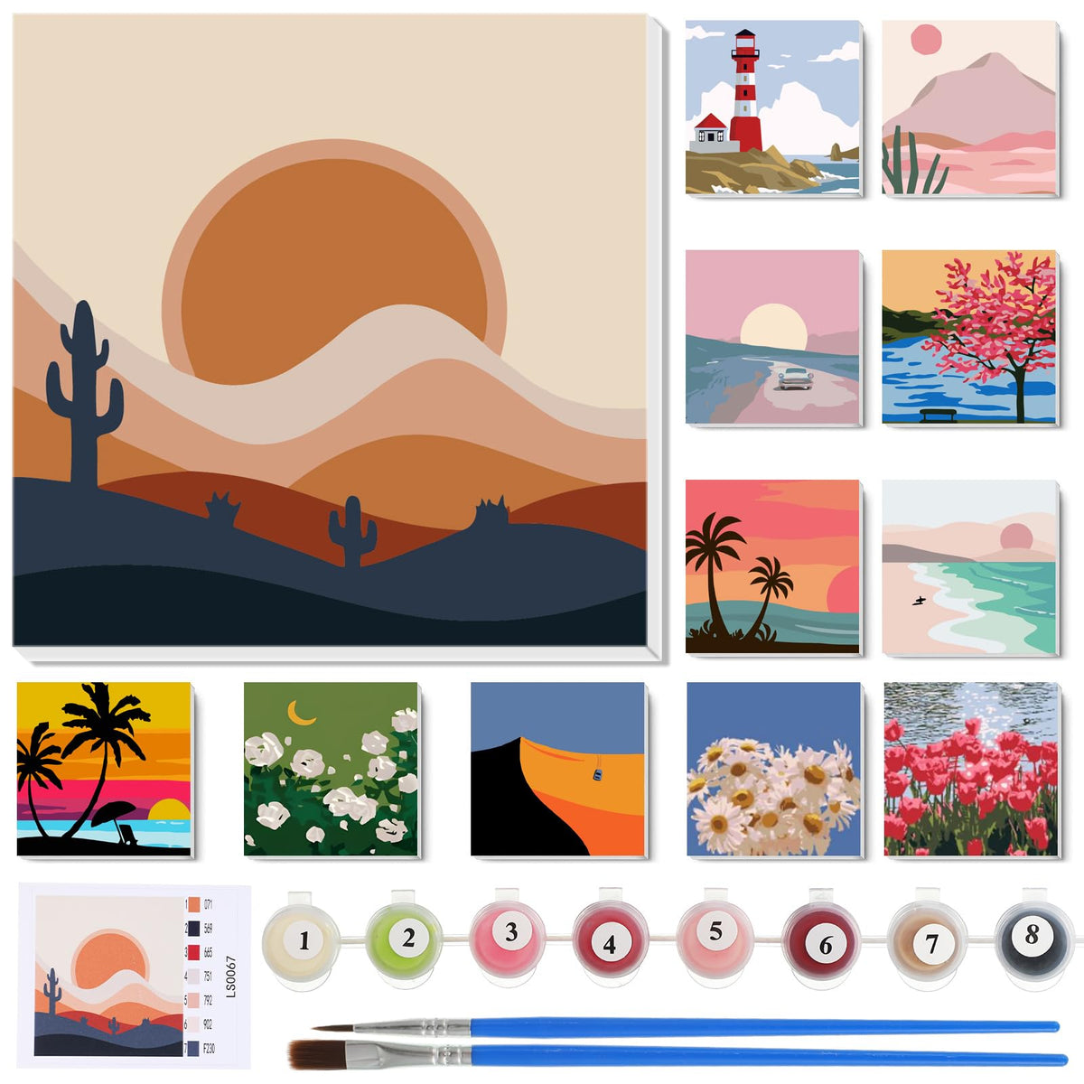 Nezyo 12 Sets Paint by Numbers Kit with Frame for Adults, Acrylic 8x8 Inch