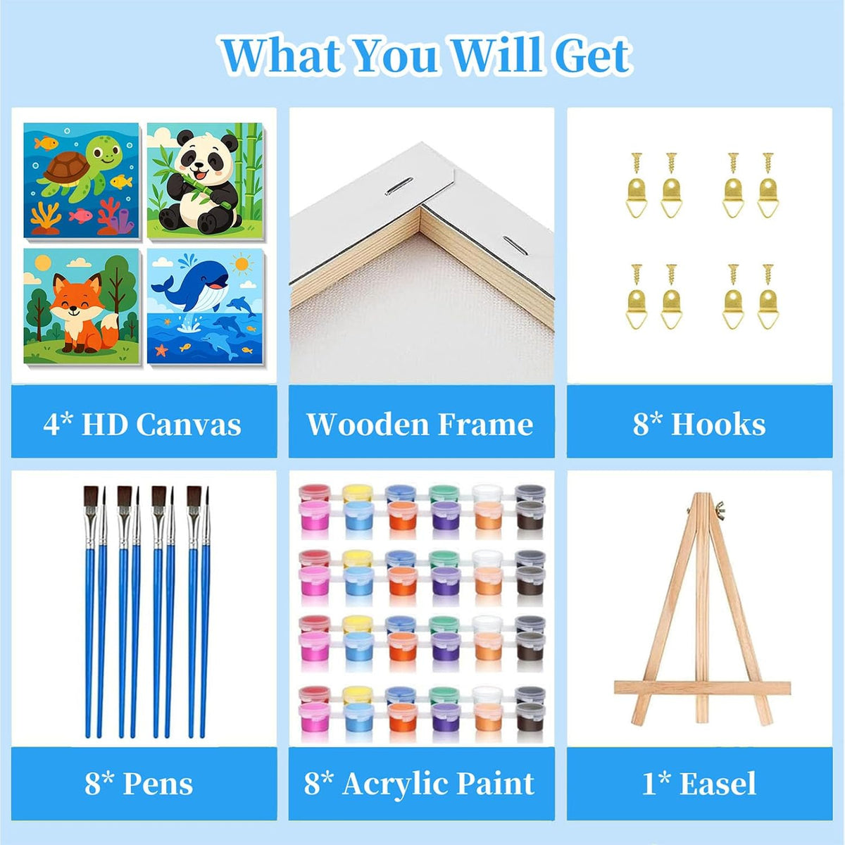 Arttoplus 4 Pack Paint by Numbers Kit for Kids with Frame Animals 8x8 inch