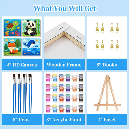 Arttoplus 4 Pack Paint by Numbers Kit for Kids with Frame Animals 8x8 inch