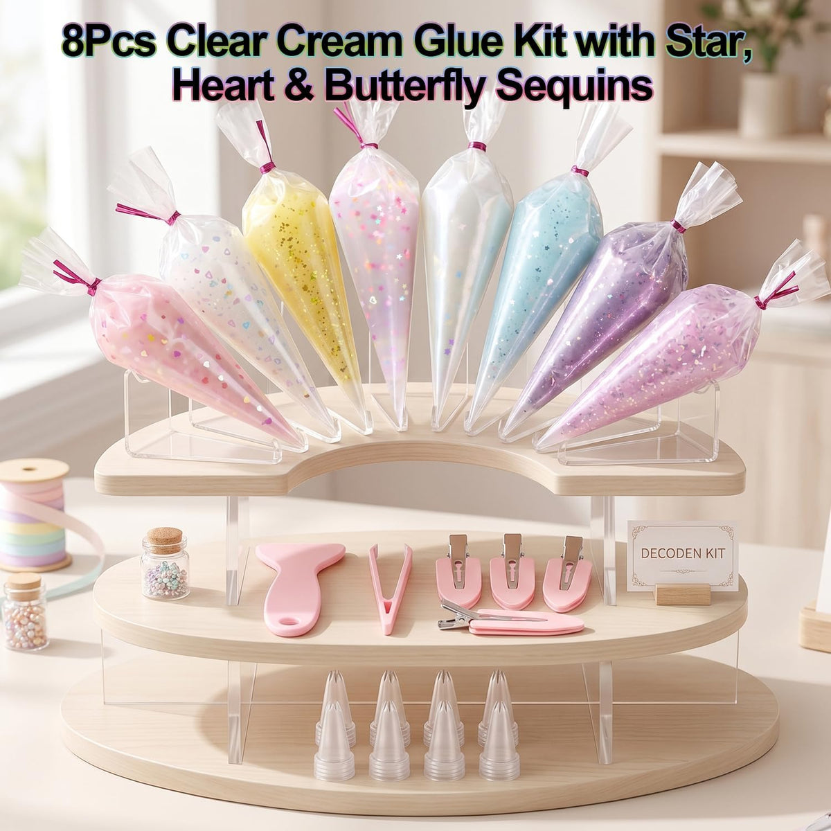 8Pcs 50g Clear Cream Glue Kit with Star, Heart & Butterfly Sequins, Fake Whipped Cream Glue for DIY Phone Case Hairpin Mirror, Craft for Birthday Christmas, with Plastic Decorating Mouth