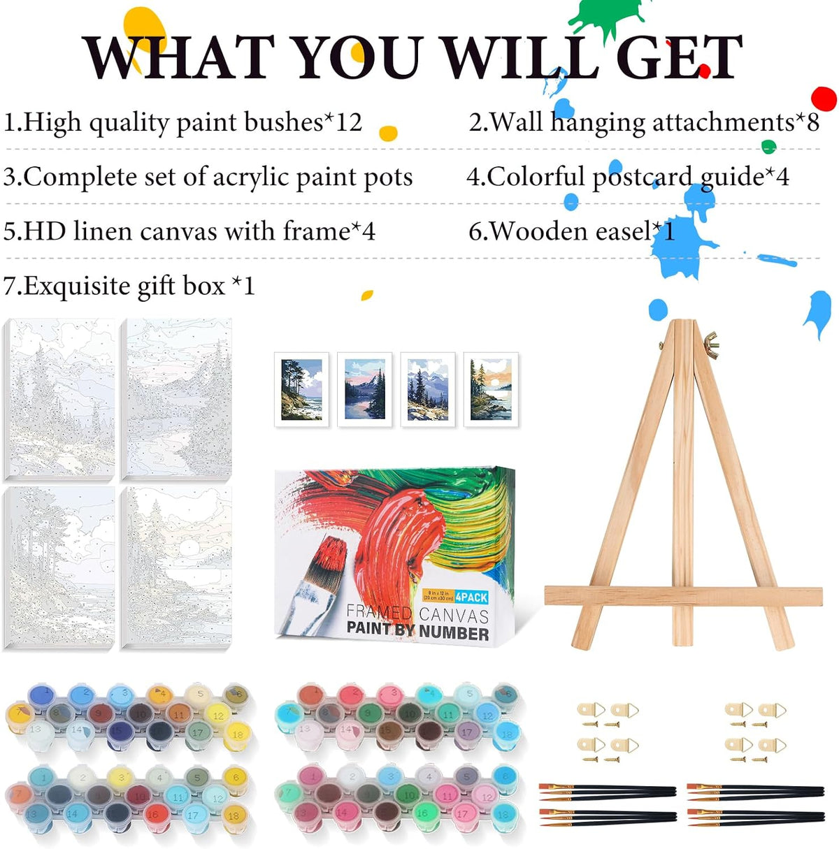 4 Pack Framed Paint by Numbers Kit for Adults Landscape with Wooden Easel