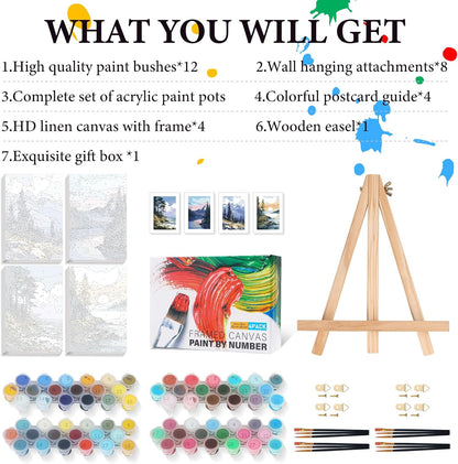 4 Pack Framed Paint by Numbers Kit for Adults Landscape with Wooden Easel
