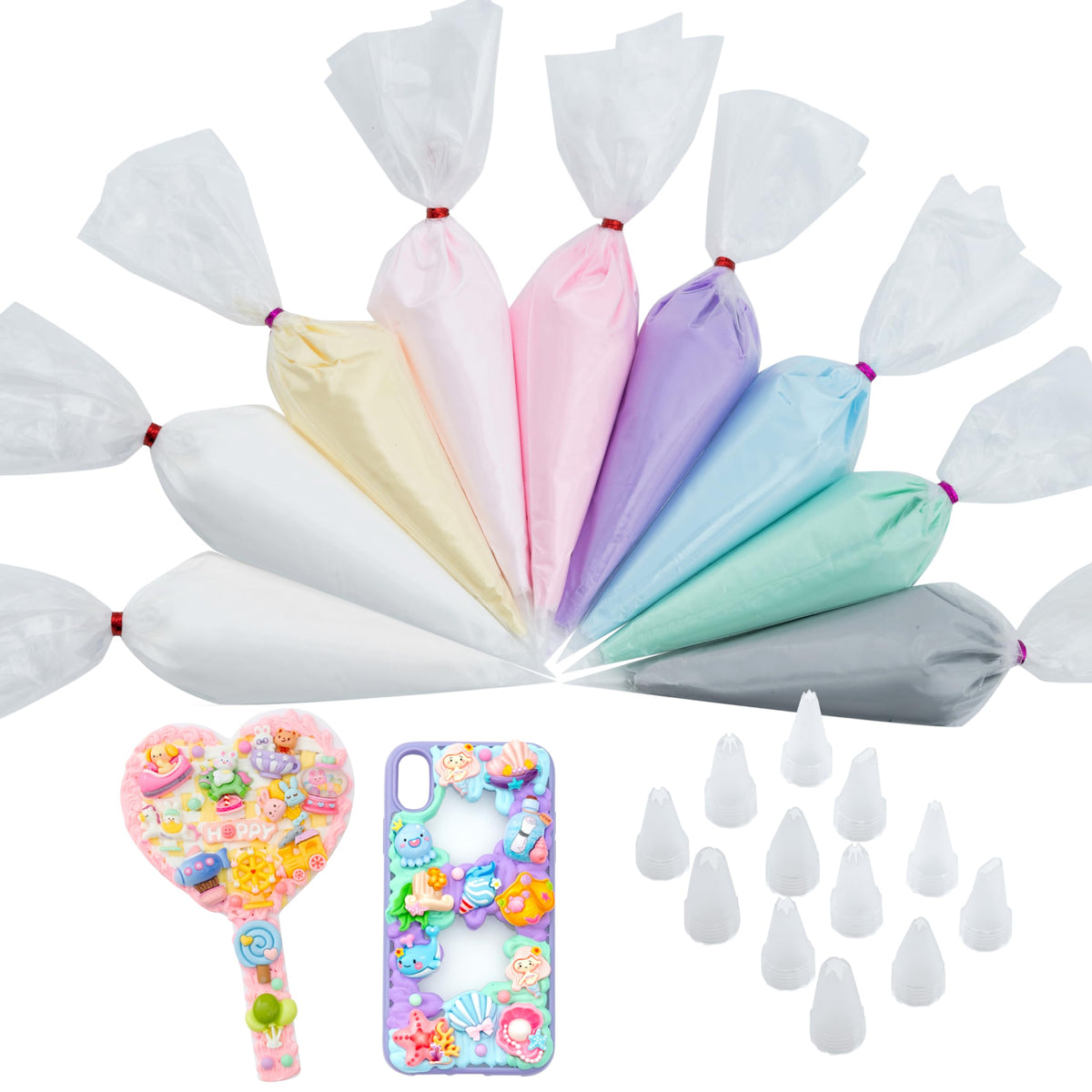 Decoden Cream Large 9PCS Premium Texture Fake Whipped Cream Glue, Decoden Kit, Fake Icing, Fake Frosting, Deco Cream, Whipped Clay with Piping Bags for Crafts and DIY Projects (White & Pinks Set)