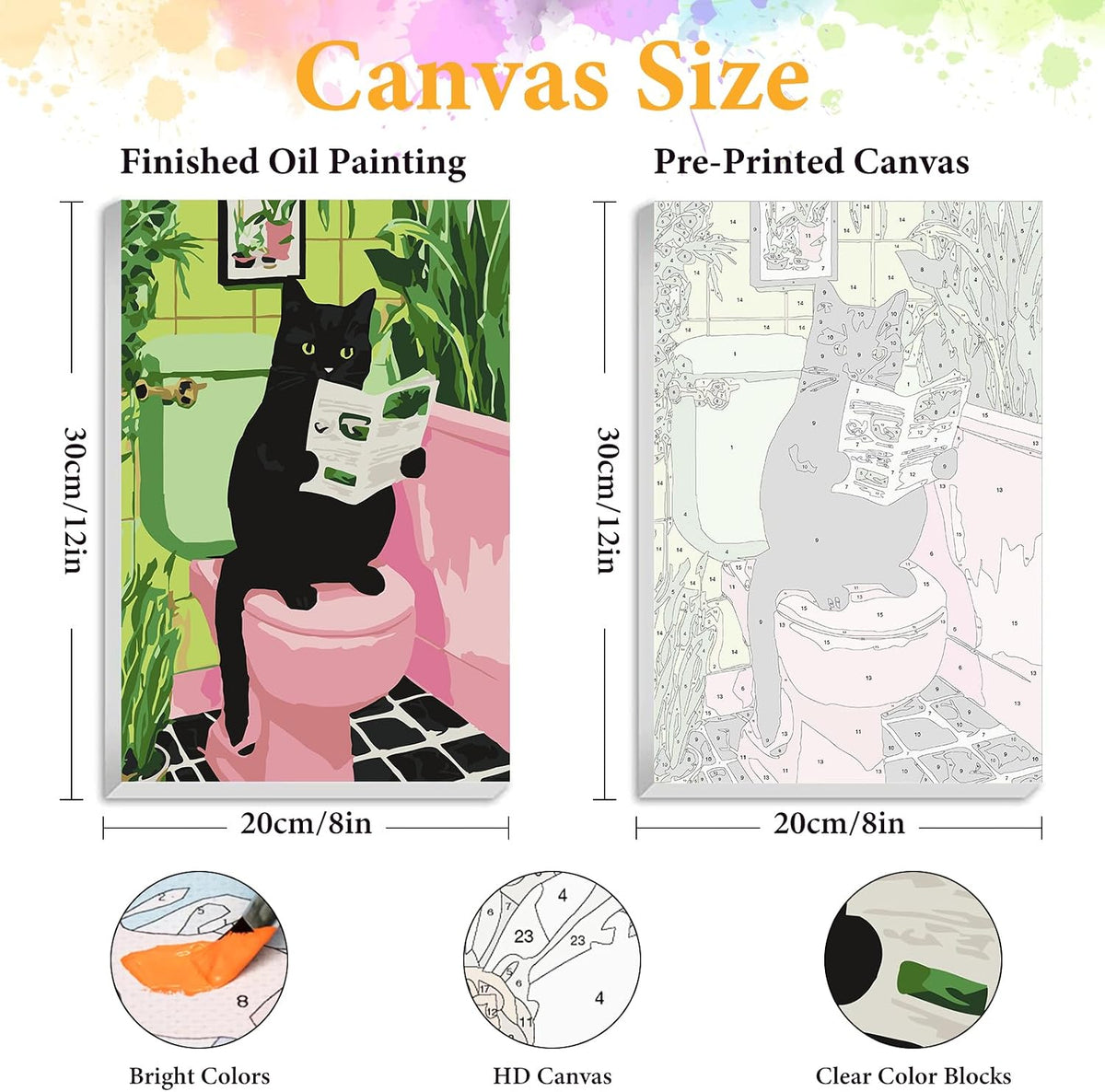 Framed Paint by Numbers Kit for Adults, Black Cat Bathroom Decor 8x12 Inch