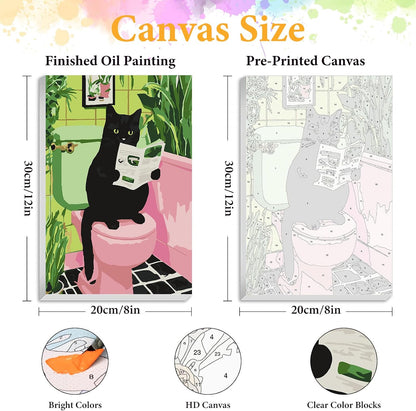 Framed Paint by Numbers Kit for Adults, Black Cat Bathroom Decor 8x12 Inch