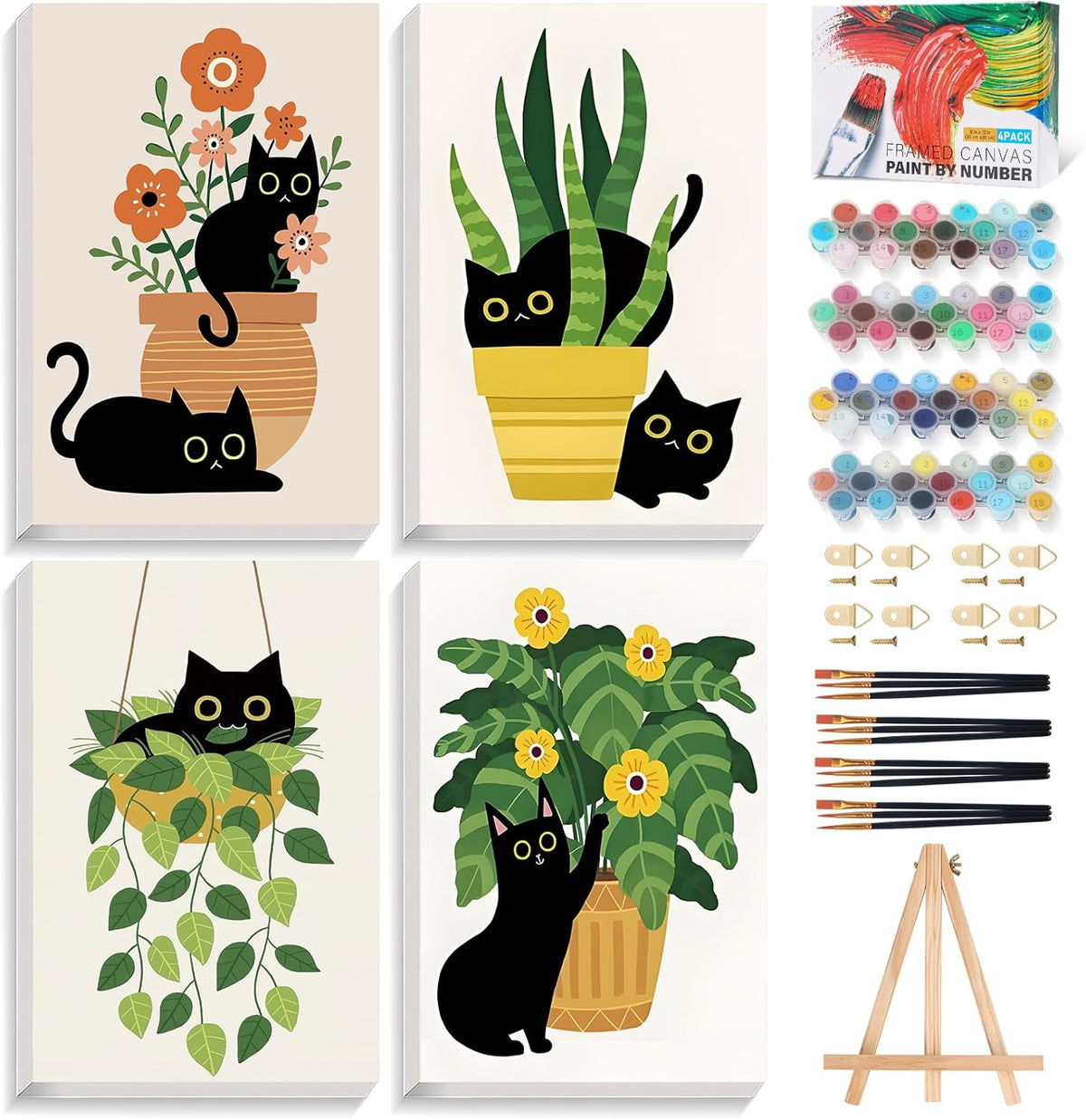 4 Pack Paint by Numbers Kit for Adults with Frame, Black Cat & Green Plant