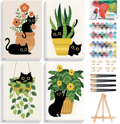 4 Pack Paint by Numbers Kit for Adults with Frame, Black Cat & Green Plant