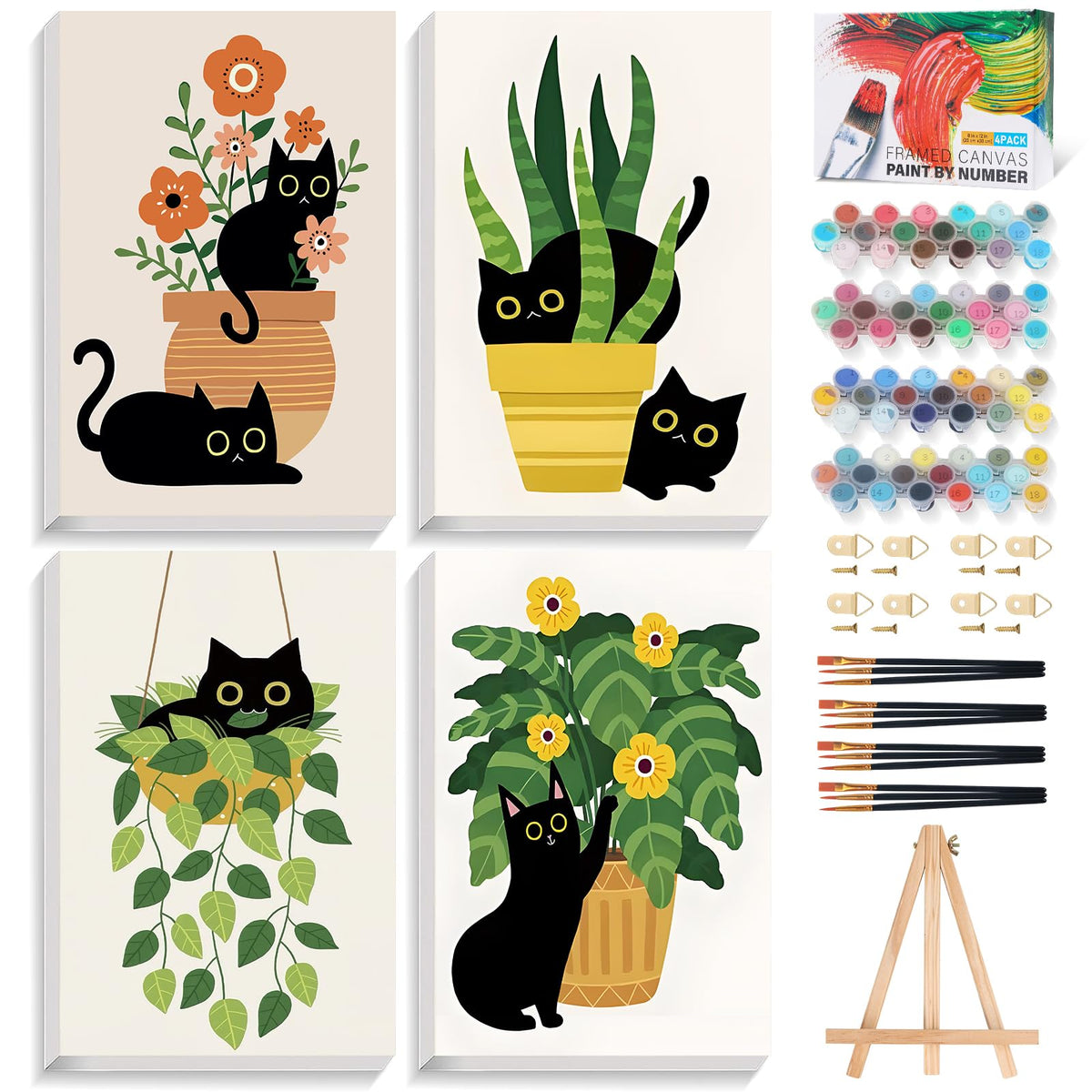 4 Pack Paint by Numbers Kit for Adults with Frame, Black Cat & Green Plant