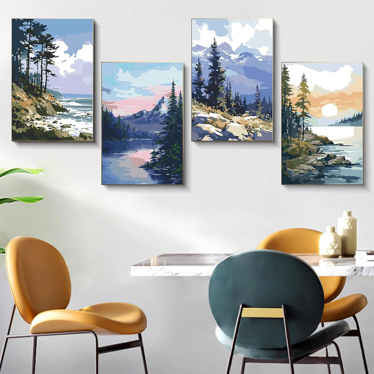 4 Pack Framed Paint by Numbers Kit for Adults Landscape with Wooden Easel