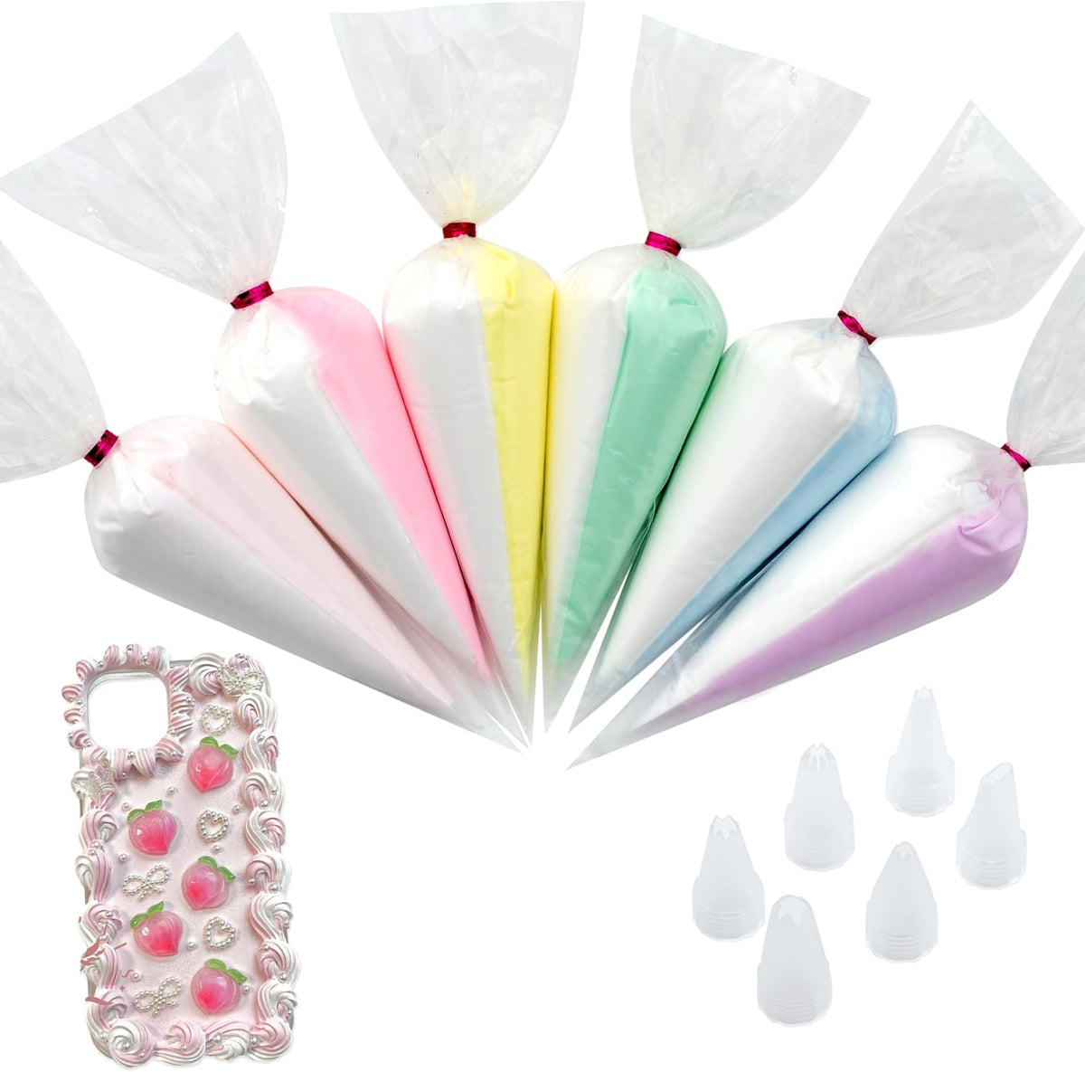 Decoden Cream Large 9PCS Premium Texture Fake Whipped Cream Glue, Decoden Kit, Fake Icing, Fake Frosting, Deco Cream, Whipped Clay with Piping Bags for Crafts and DIY Projects (White & Pinks Set)