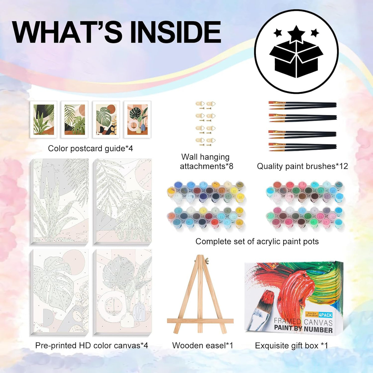 4 Pack Framed Paint by Numbers Kit for Adults with Wooden Easel, Plant