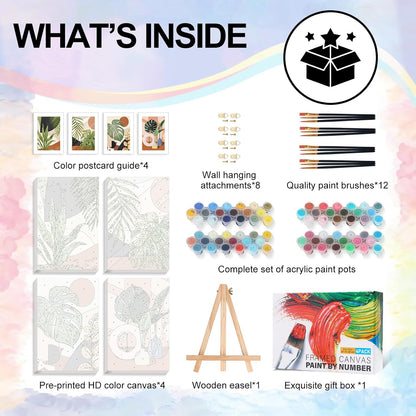 4 Pack Framed Paint by Numbers Kit for Adults with Wooden Easel, Plant