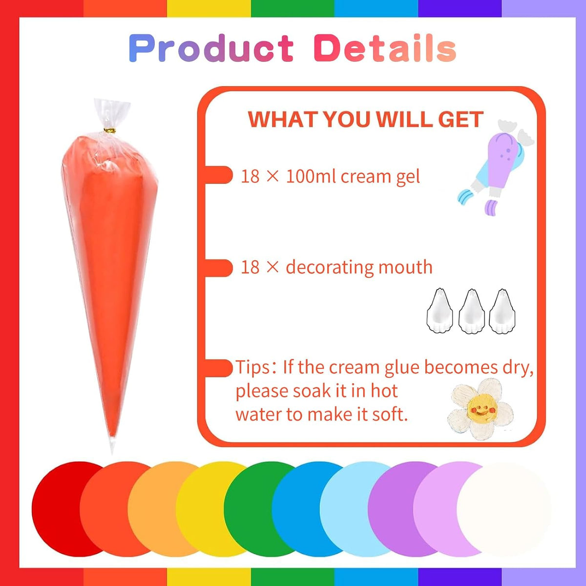 Cream Kit, 18 Colors Fake Whipped Cream Glue Clay - 100ml Large Rainbow Simulation Cream with Piping Tips, DIY Craft Supplies for Phone Case Jewelry Making