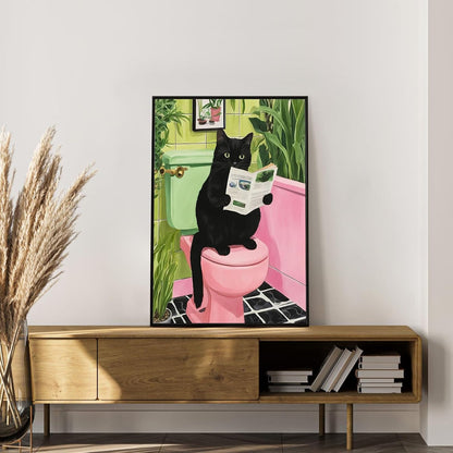 Framed Paint by Numbers Kit for Adults, Black Cat Bathroom Decor 8x12 Inch