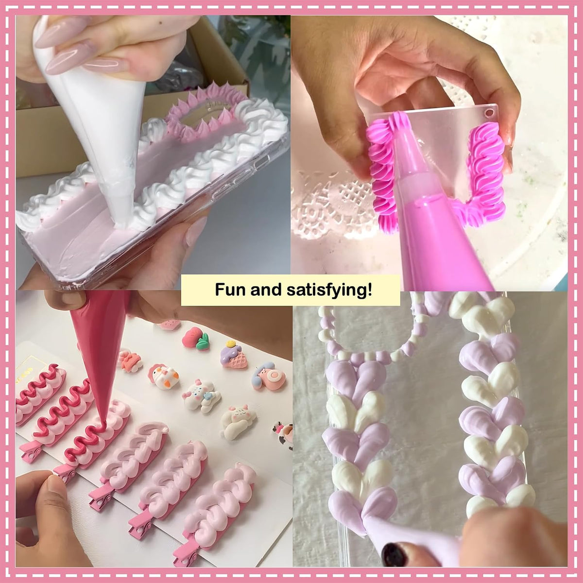 Decoden Cream Large 9PCS Premium Texture Fake Whipped Cream Glue, Decoden Kit, Fake Icing, Fake Frosting, Deco Cream, Whipped Clay with Piping Bags for Crafts and DIY Projects (White & Pinks Set)