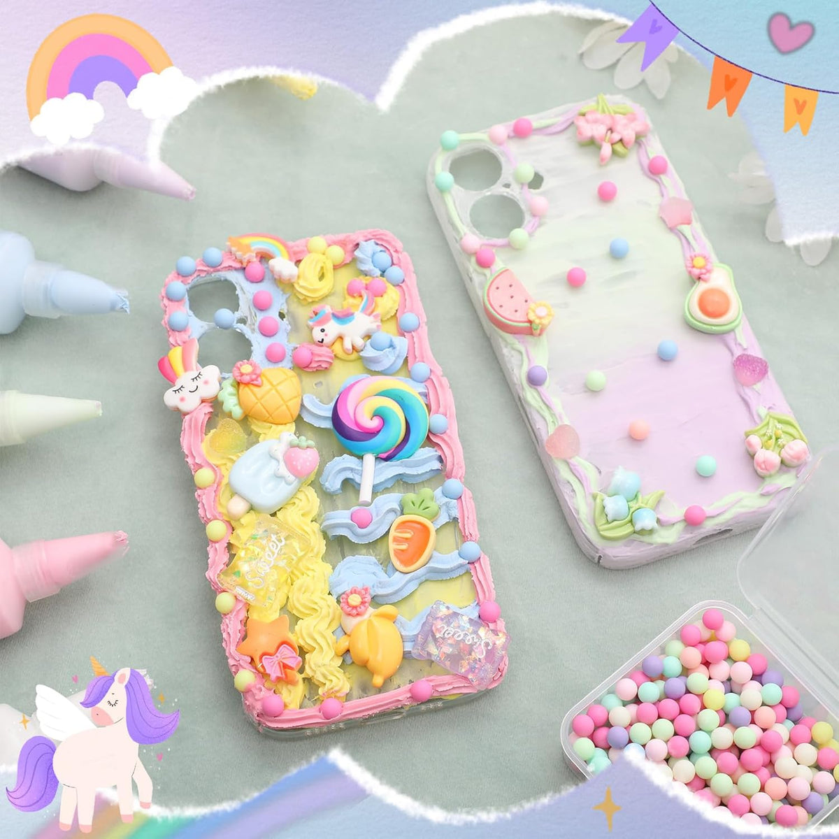 Chunful 6 Set 50g Cream Glue Set with Decorating Mouths for DIY Crafts, Cream DIY Phone Case Kit with Resin Accessories and Decorative Craft Charms Kit for Handmade Crafts(Sweet)