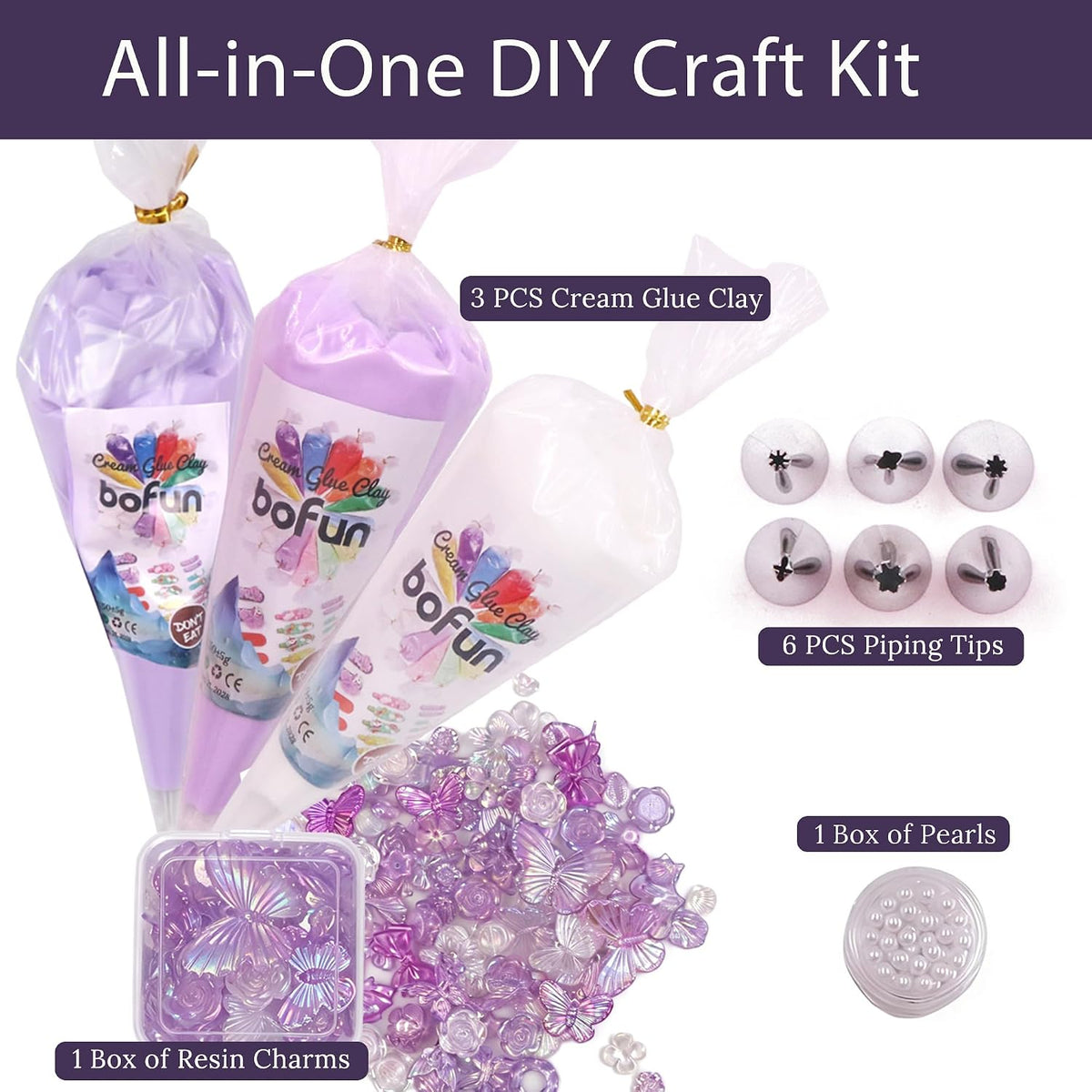 Purple Whipped Cream Glue Handmade Set, Ideal for Miniature, Jewelry & DIY Phone Cases, with 3 Decoden Cream, 6 Tips, Pearl& Resin Packs (Purple/Pearl)