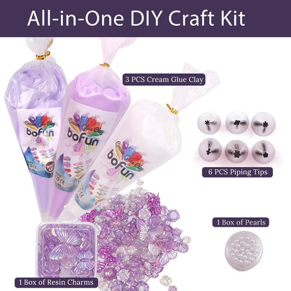 Purple Whipped Cream Glue Handmade Set, Ideal for Miniature, Jewelry & DIY Phone Cases, with 3 Decoden Cream, 6 Tips, Pearl& Resin Packs (Purple/Pearl)
