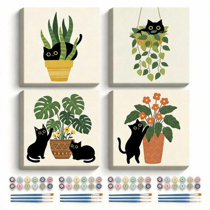 Amphol Framed Paint by Numbers Kit for Adults - 10x10 Inch Easy 4 Pack Potted Cat Framed Canvas Paint by Number for Beginners, DIY Acrylic Oil Painting Kits with Frame for Home Wall Decor Gift