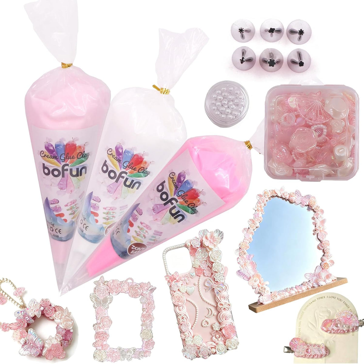 BoFUN Pink Decoden Cream Glue with Charms, Whipped Cream Glue Clay Kit