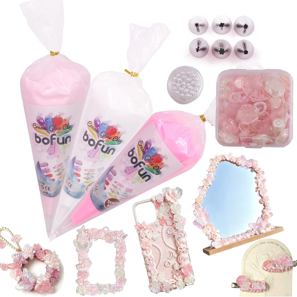 BoFUN Pink Decoden Cream Glue with Charms, Whipped Cream Glue Clay Kit