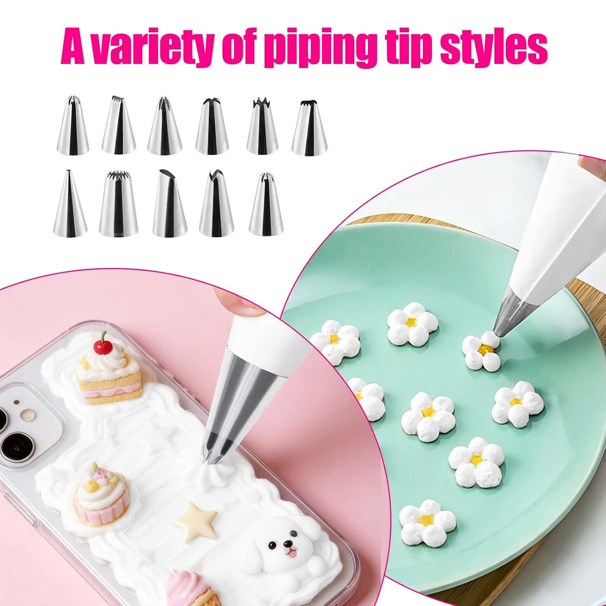3 Pack Whipped Cream Glue for DIY Crafts, 100g Decoden Cream Glue with 12 Stainless Steel Piping Tips, Whipped Clay DIY Phone Case Kit for Handmade Crafts Decorating & Jewelry Making (White)