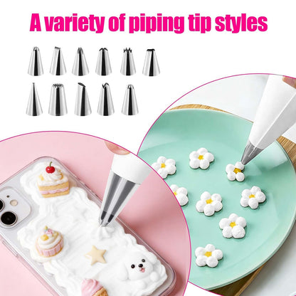 3 Pack Whipped Cream Glue for DIY Crafts, 100g Decoden Cream Glue with 12 Stainless Steel Piping Tips, Whipped Clay DIY Phone Case Kit for Handmade Crafts Decorating & Jewelry Making (White)