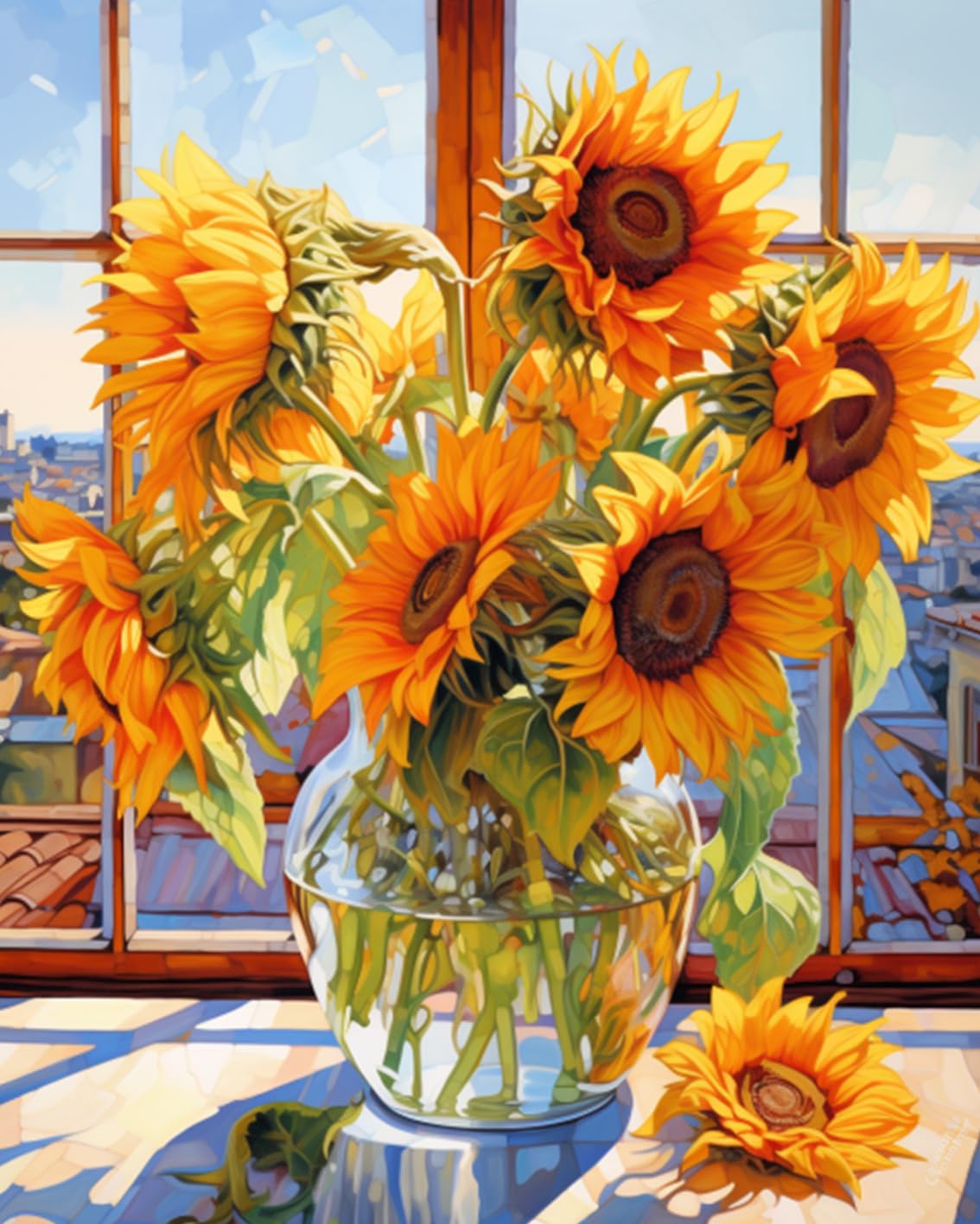 Tucocoo Hydrangea in Glass Vase Window Landscape Paint by Numbers for Adults Beautiful Flower DIY Paint by Numbers Acrylic Paint Canvas Colorful Flowers Painting Kits Art 16x20 Inch（Without Frame）