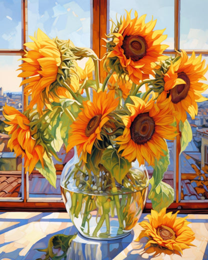 Tucocoo Hydrangea in Glass Vase Window Landscape Paint by Numbers for Adults Beautiful Flower DIY Paint by Numbers Acrylic Paint Canvas Colorful Flowers Painting Kits Art 16x20 Inch（Without Frame）