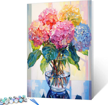 Tucocoo Hydrangea in Glass Vase Window Landscape Paint by Numbers for Adults Beautiful Flower DIY Paint by Numbers Acrylic Paint Canvas Colorful Flowers Painting Kits Art 16x20 Inch（Without Frame）