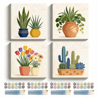 Amphol Framed Paint by Numbers Kit for Adults - 10x10 Inch Easy 4 Pack Potted Cat Framed Canvas Paint by Number for Beginners, DIY Acrylic Oil Painting Kits with Frame for Home Wall Decor Gift