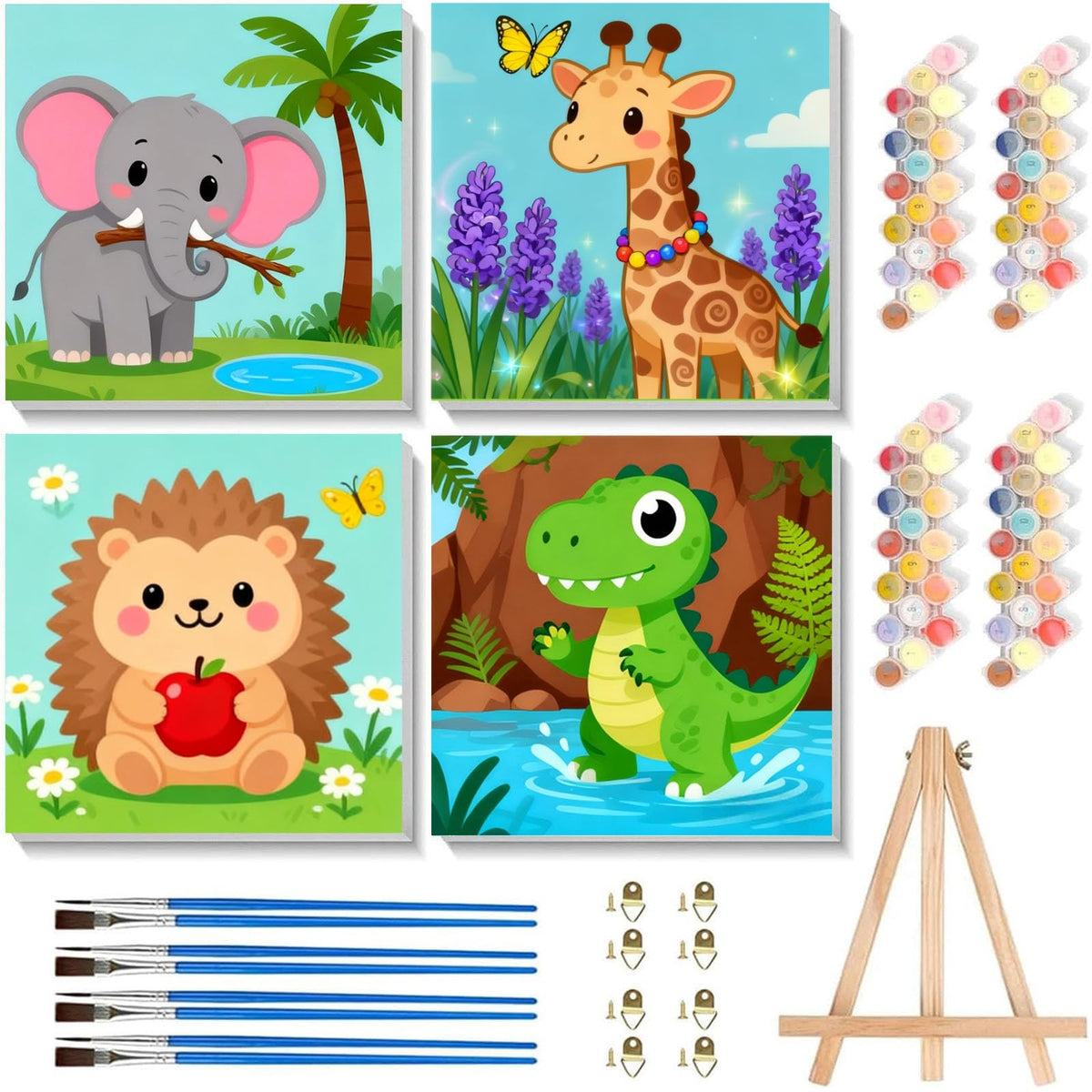 Arttoplus 4 Pack Paint by Numbers Kit for Kids with Frame Animals 8x8 inch