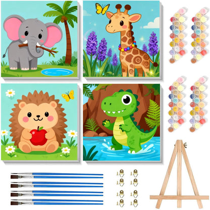 Arttoplus 4 Pack Paint by Numbers Kit for Kids with Frame Animals 8x8 inch