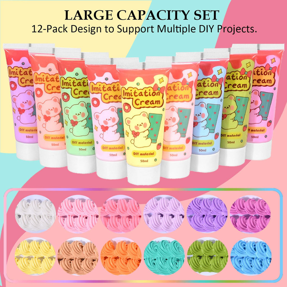 12Pcs Decoden Cream Glue Kit, 50ml Whipped Cream Glue for DIY Phone Case Hairpin Mirror, Handmade Craft for Birthday Christmas, with Plastic Decorating Mouth