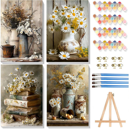 4 Pack Beach Paint by Numbers for Adults with Framed Canvas - Wooden Easel