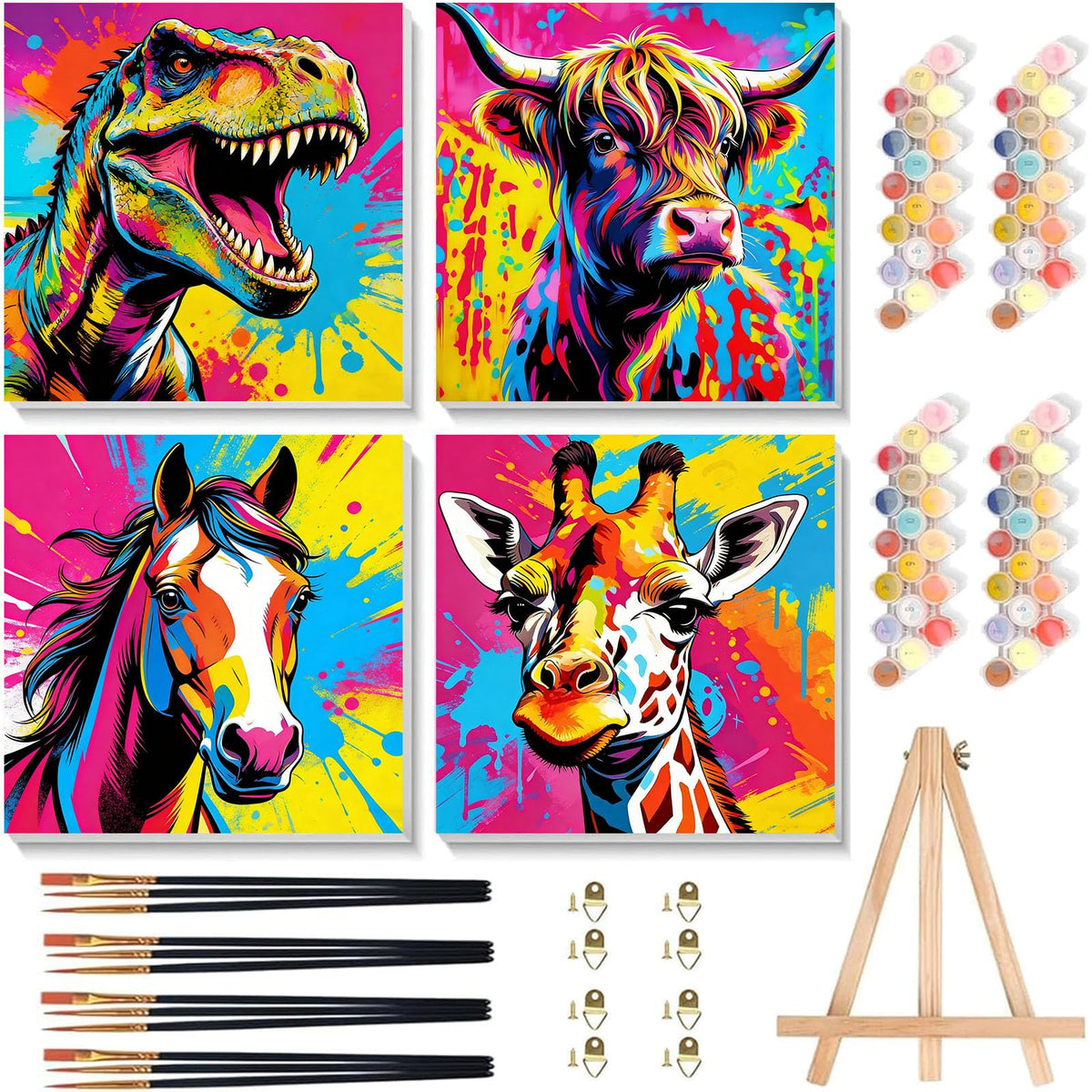 Arttoplus 4 Pack Paint by Numbers Kit for Kids with Frame Animals 8x8 inch