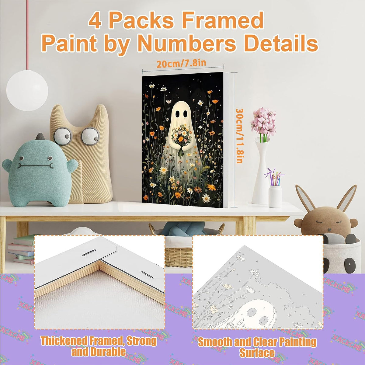 4 Pack Ghost Paint by Numbers for Adults with Framed Canvas - Wooden Easel