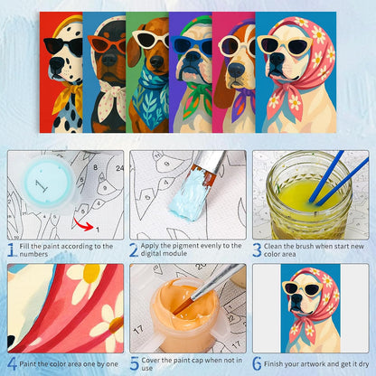6 Pack Paint by Numbers Kit for Adults, Funny Dog Painting, 8x12 Inch