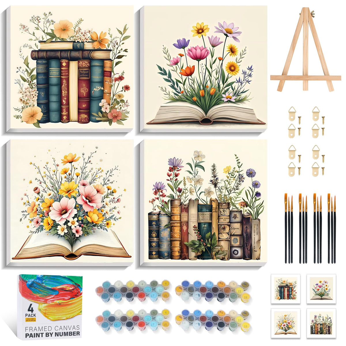 4 Pack Framed Paint by Numbers Kit for Adults with Wooden Easel, Plant