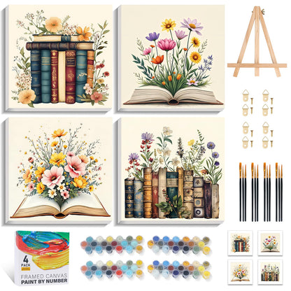4 Pack Framed Paint by Numbers Kit for Adults with Wooden Easel, Plant