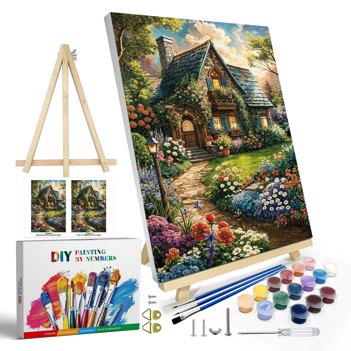 JOOZ Paint by Numbers Kit for Adults with Frame, Landscape Paint by Number Canvas, Mountain Paint by Numbers with Easel, DIY Flowers Scenery Oil Painting Kit for Home Wall Decor 8 x 12 Inch