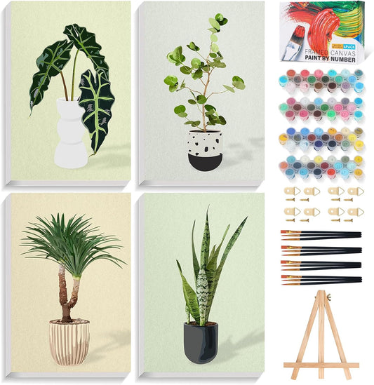 4 Pack Framed Paint by Numbers Kit for Adults Green Plant with Wooden Easel