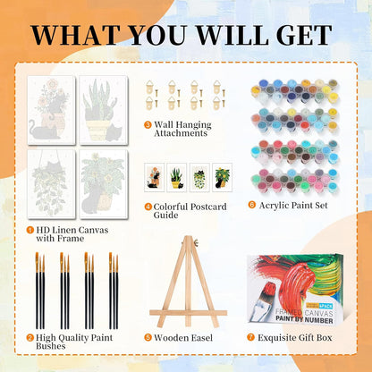 4 Pack Paint by Numbers Kit for Adults with Frame, Black Cat & Green Plant