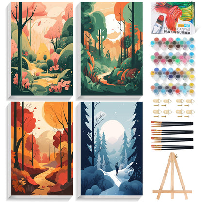 4 Pack Framed Paint by Numbers Kit for Adults with Wooden Easel, 8x12 Inch