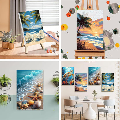4 Pack Beach Paint by Numbers for Adults with Framed Canvas - Wooden Easel