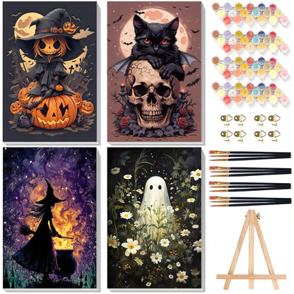 4 Pack Ghost Paint by Numbers for Adults with Framed Canvas - Wooden Easel