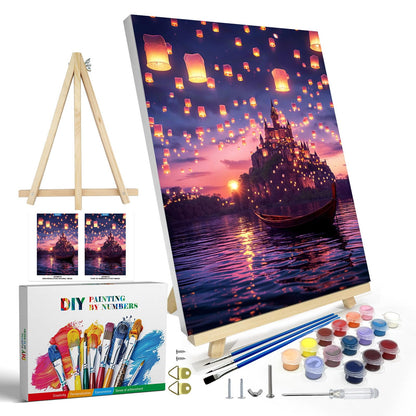 JOOZ Paint by Numbers Kit for Adults with Frame, Landscape Paint by Number Canvas, Mountain Paint by Numbers with Easel, DIY Flowers Scenery Oil Painting Kit for Home Wall Decor 8 x 12 Inch