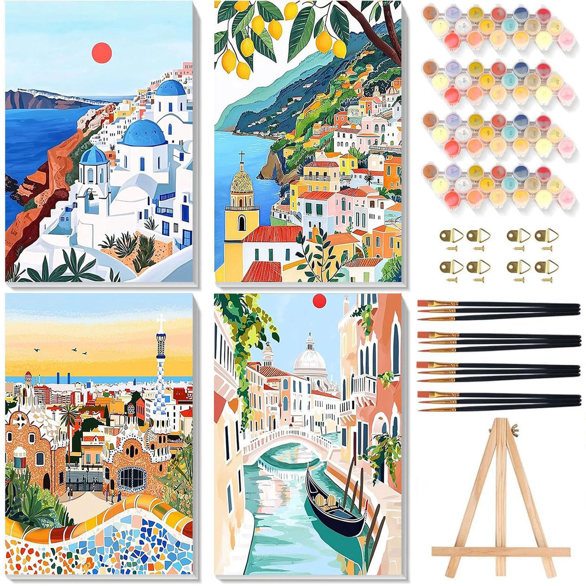 4 Pack Beach Paint by Numbers for Adults with Framed Canvas - Wooden Easel