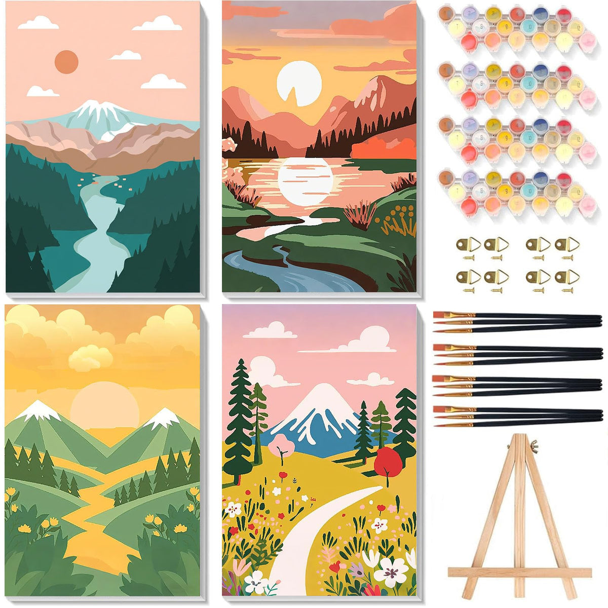 4 Pack Beach Paint by Numbers for Adults with Framed Canvas - Wooden Easel